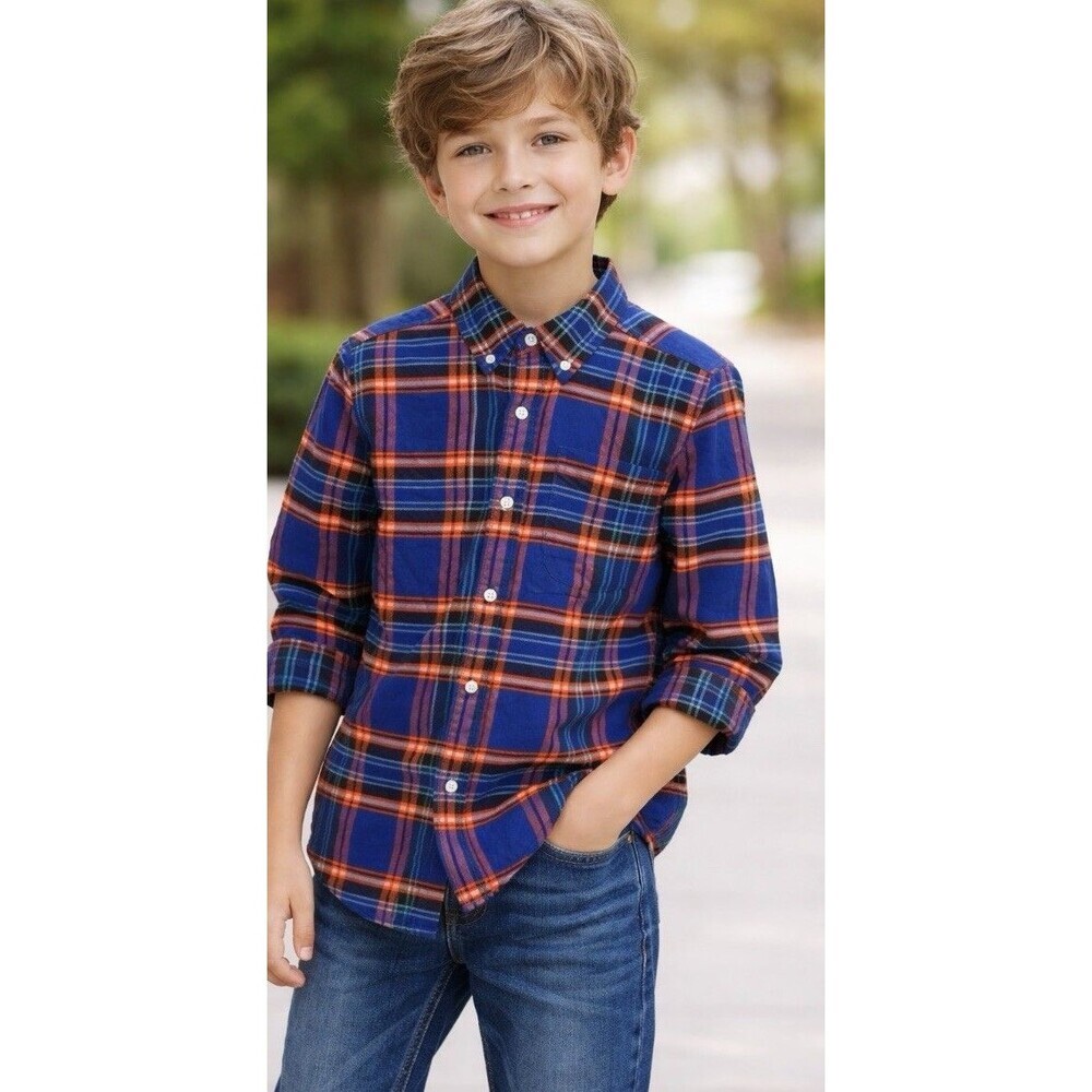Childrens Place Boys Sz L 10 12 Blue Long Sleeve Cotton Plaid Button Up Top E